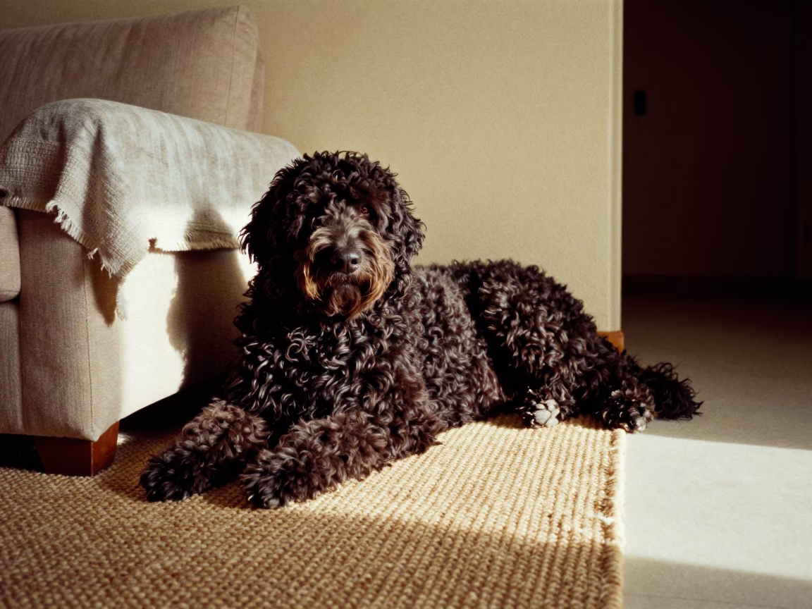 Curly-Coated Retriever Resting on Rug in Hohhot Home in on a woven rug beside a low couch and an uncluttered wall in Hohhot