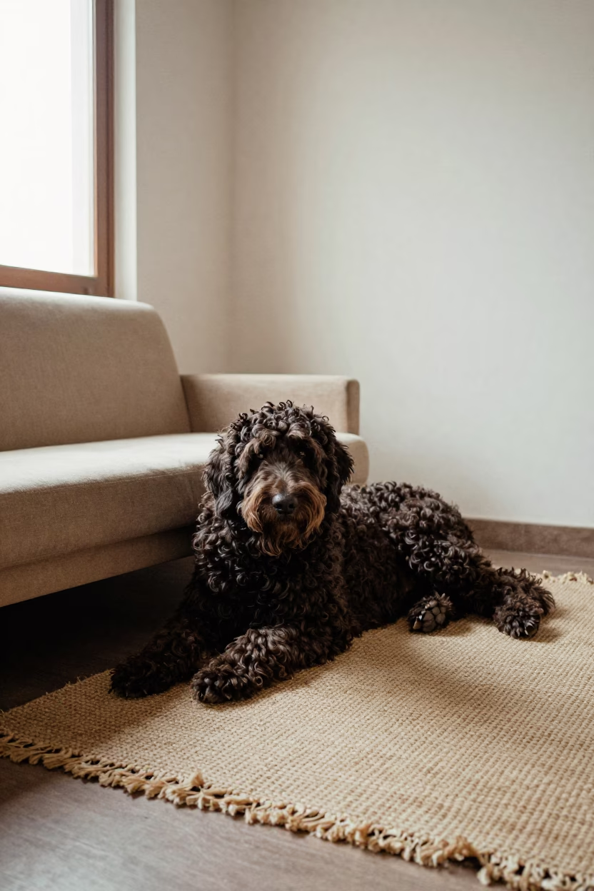 Curly Coated Retriever Resting on Woven Rug in Rahim Yar Khan Home in on a woven rug beside a low couch and an uncluttered wall in Rahim Yar Khan