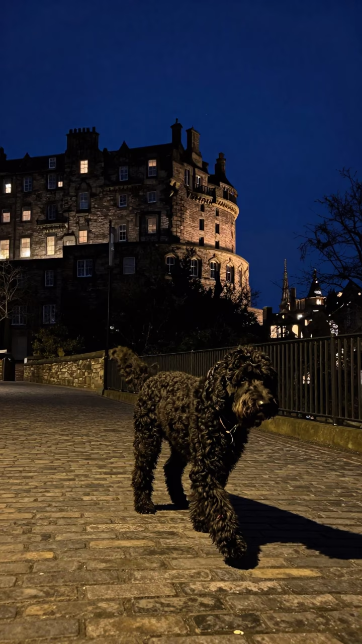 Curly-Coated Retriever Strolling Past Edinburgh Castle Under Deep Night Sky in in Edinburgh, United Kingdom