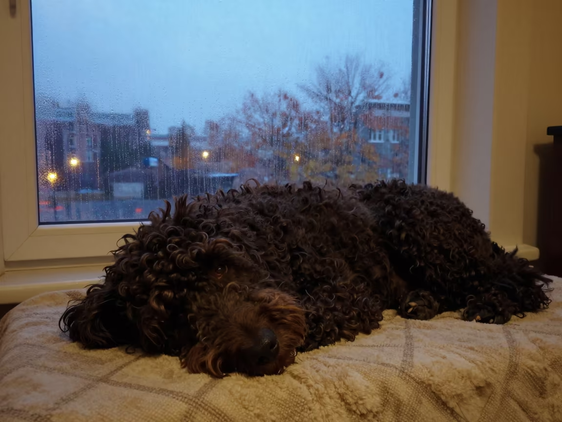 Curly-Coated Retriever Twilight on Bedspread in on a bedspread near a bright window with calm indoor light near Harbin