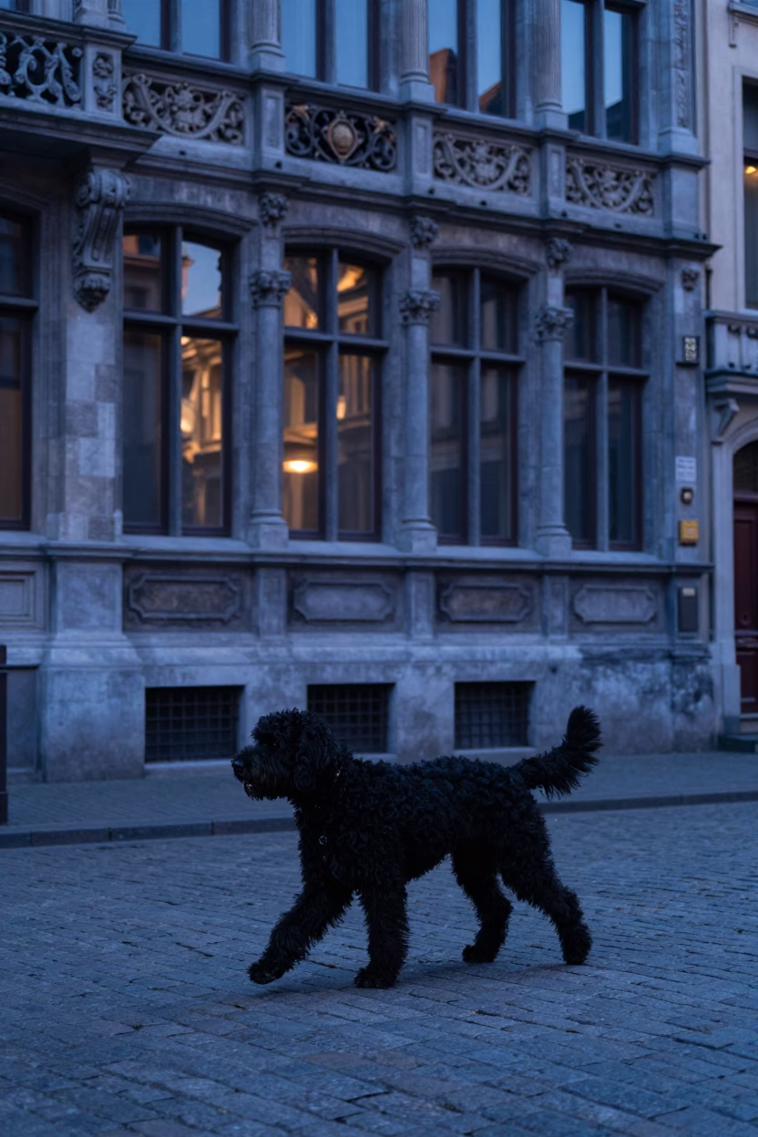 Curly-Coated Retriever walking through Brussels indigo twilight street scene in in Brussels, Belgium
