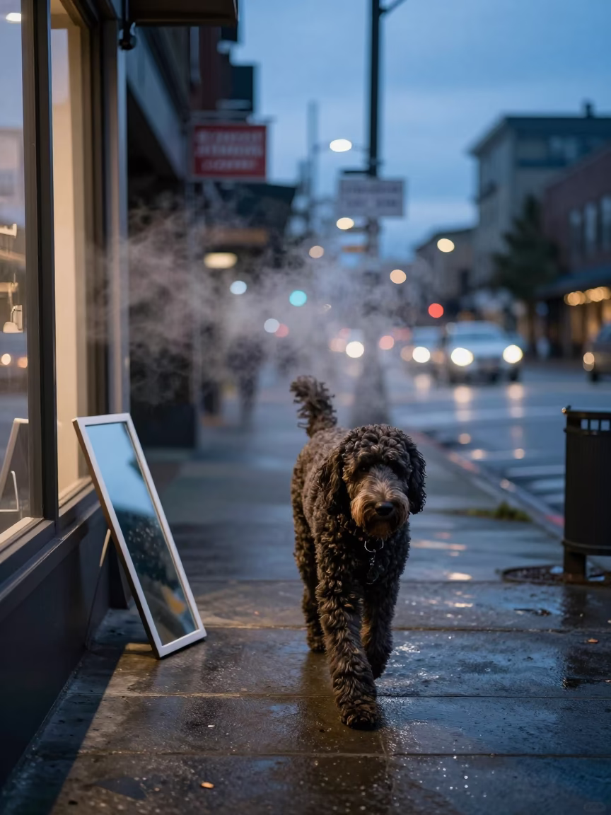 Curly-Coated Retriever Walking Twilight Seattle Street with Steam Haze in in Seattle, Washington, United States