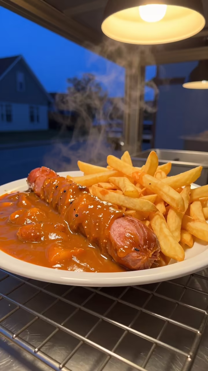 Currywurst and Fries on Bakery Rack in on a bakery cooling rack in Recife