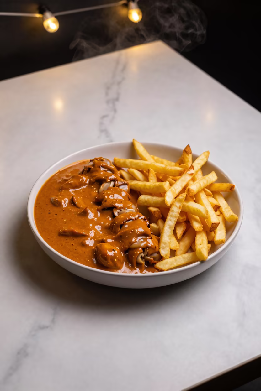 Currywurst and Fries on Marble Table in on a marble cafe table in Rahim Yar Khan