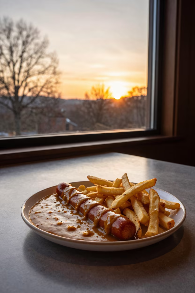 Currywurst and Fries at Sunset in Asheville in on a ceramic plate by a window in Asheville
