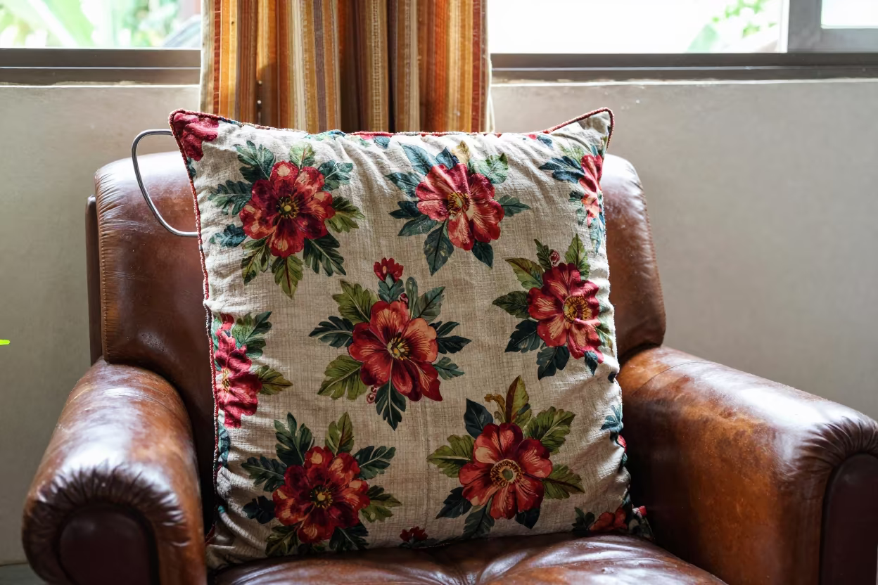 Curtain Cushion Metal Fold Varkala Bench in on a worn leather armchair in Varkala