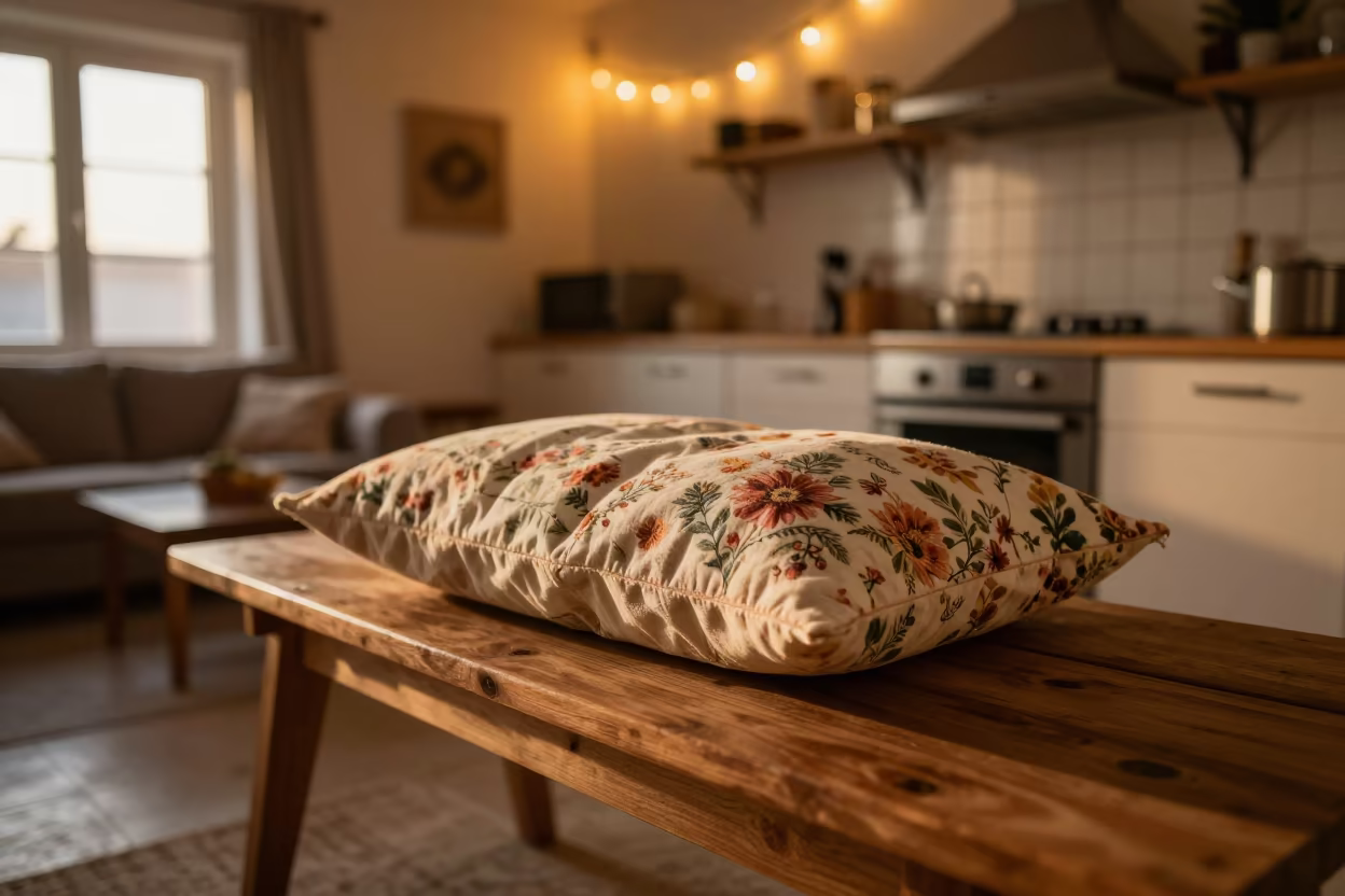 Cushion Sewn from Curtain Fabric on Kitchen Bench in in a sunlit living room in Mohammedia