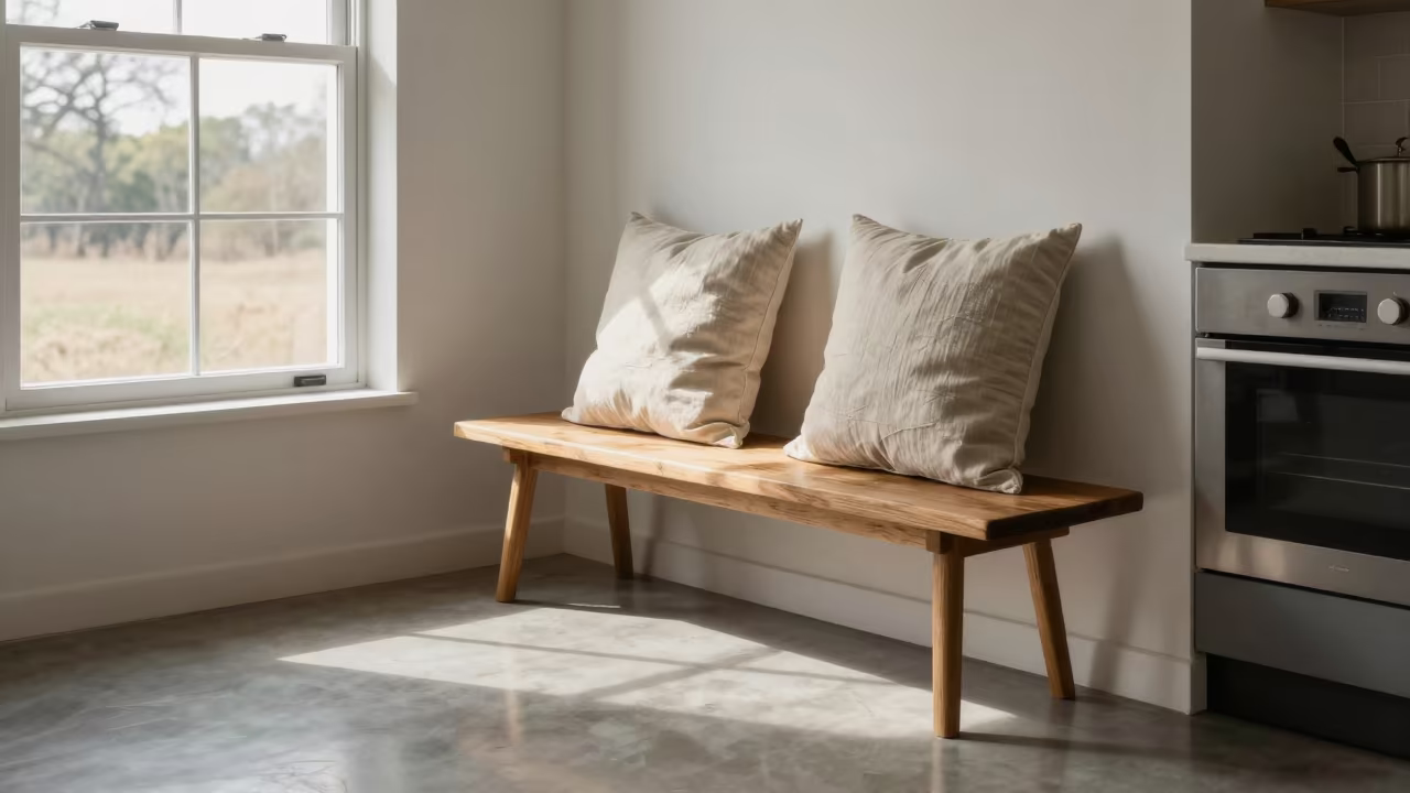 Cushion from Curtain Fabric on Kitchen Bench in in a sunlit living room near Salem