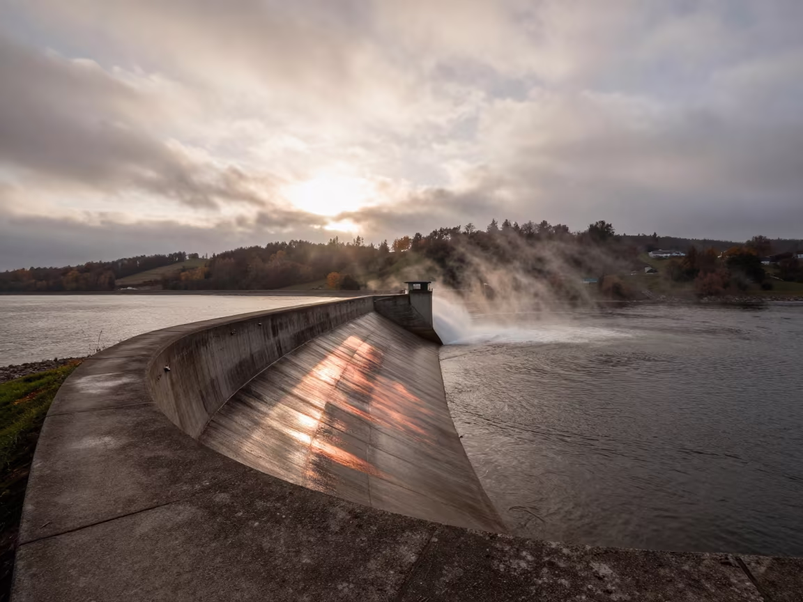 Curved Dam Parapet Over Reservoir in Copper Dusk in above a spillway chute with spray rising in the Rhine Valley