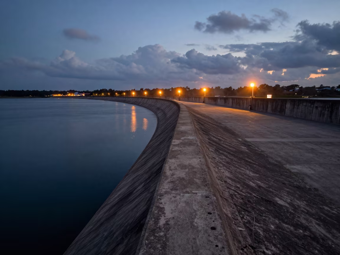 Curved Dam Parapet Over Reservoir at Indigo Twilight in along a dam spillway in Philippines