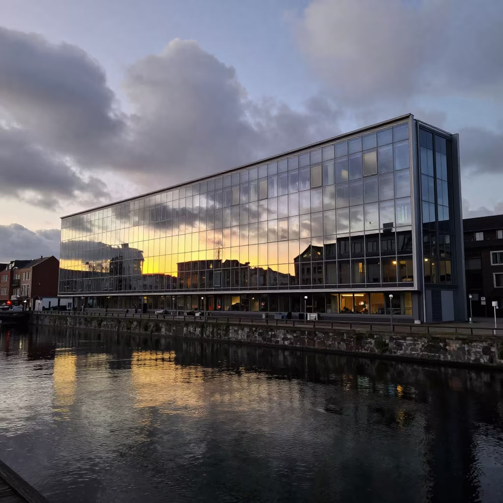 Curved Glass Reflection Dawn City Lights in beside a canal-front facade in Sumbe