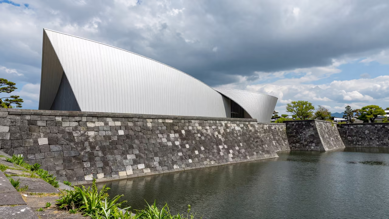 Curved Museum Facade Near Kamakura Fortress in outside a wind-scoured fortress wall near Kamakura