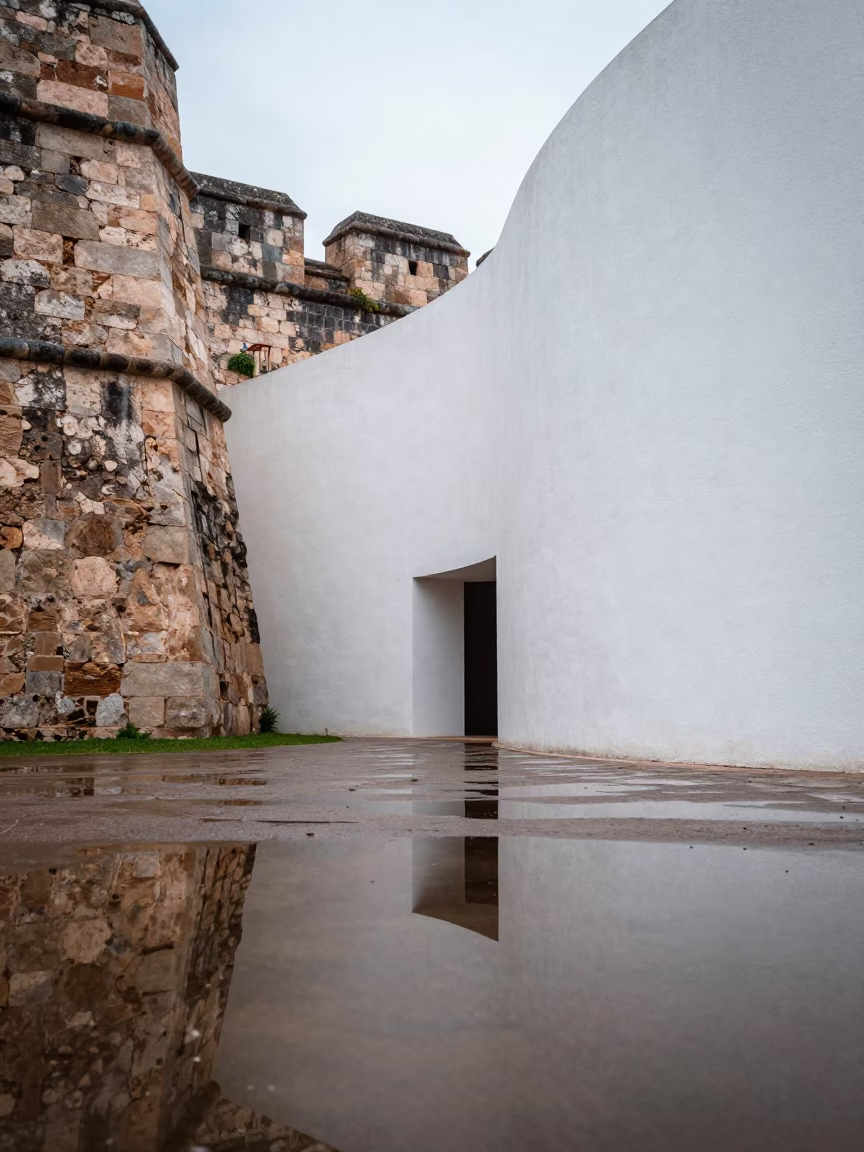 Curved Museum Facade Reflected in Fortress Puddles in outside a wind-scoured fortress wall in Villahermosa