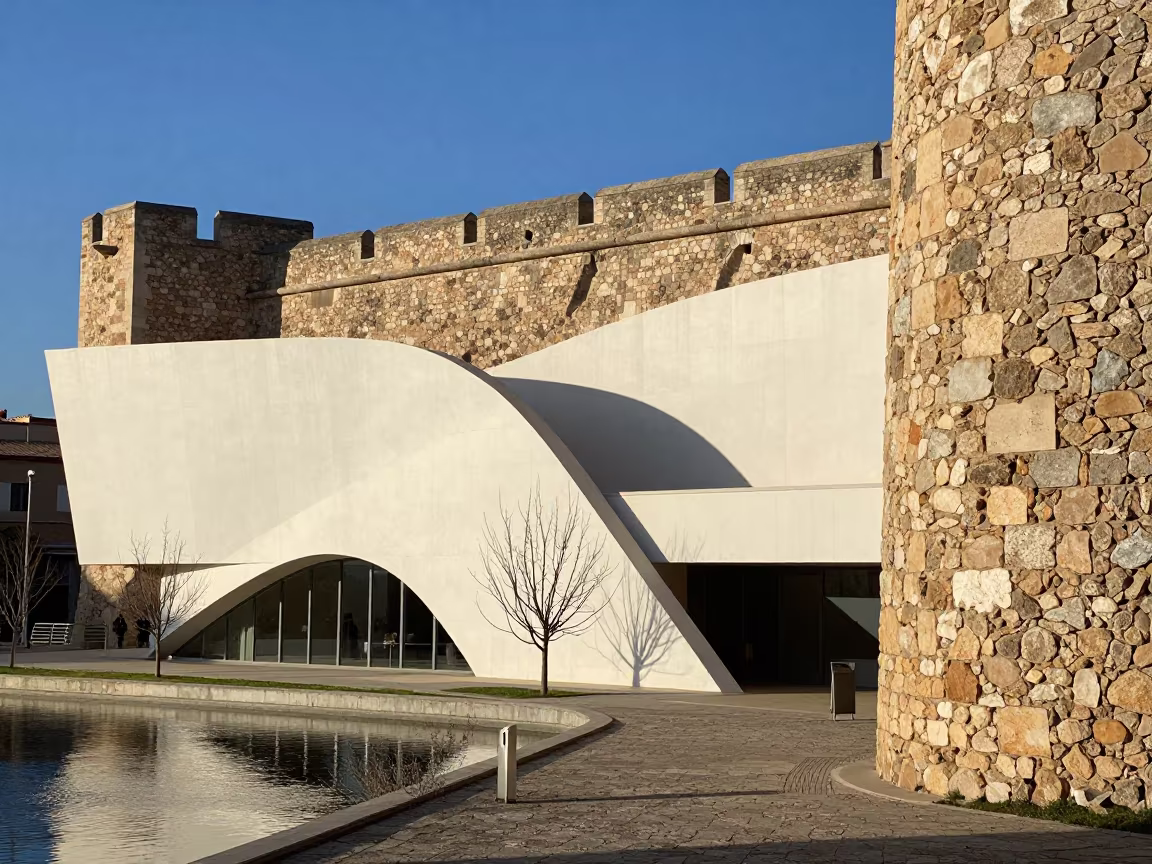 Curved Museum Facade Reflects Winter Water Light in outside a wind-scoured fortress wall in Catalonia