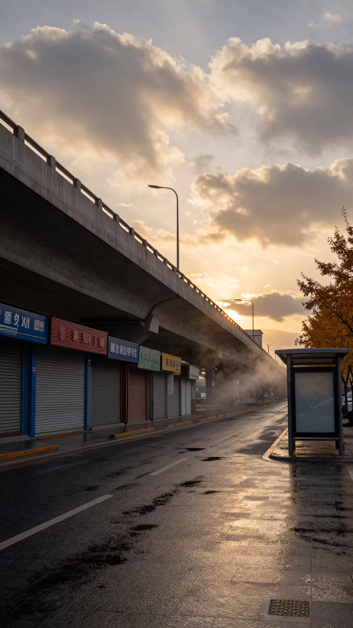 Curved Overpass Ramp Over Shuttered Shops Taiyuan in beside a steamed-up bus shelter in Taiyuan