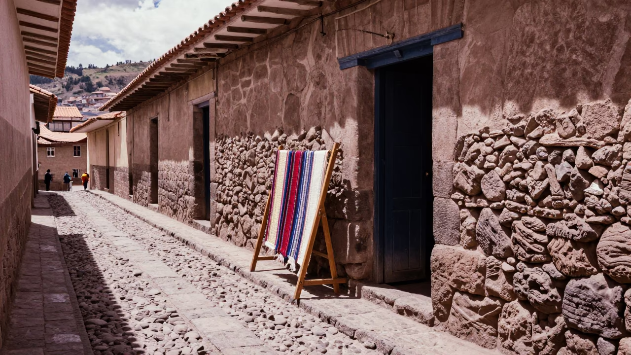 Cusco Alleyway Afternoon Scene with Stone Walls and Local Commerce in in Cusco, Peru