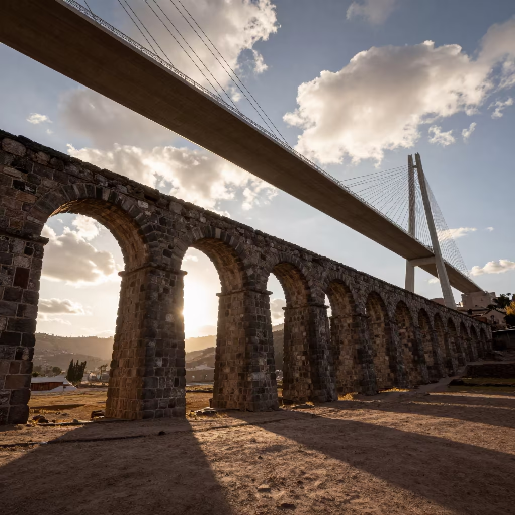 Cusco Aqueduct Sunset Silhouette Under Bridge in under a cable-stayed bridge span near Plaza de Armas, Cusco