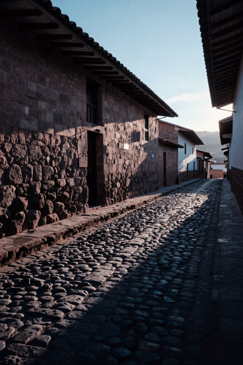 Cusco Cobblestone Street at Sunrise Light in in Cusco, Peru