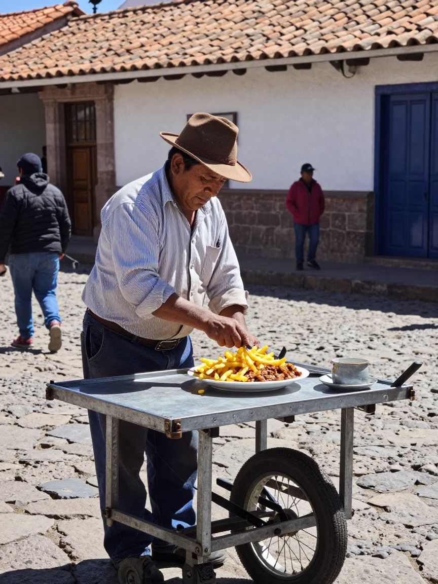 Cusco Lomo Saltado at The Flat Glare Of Noon Light in in Cusco, Peru