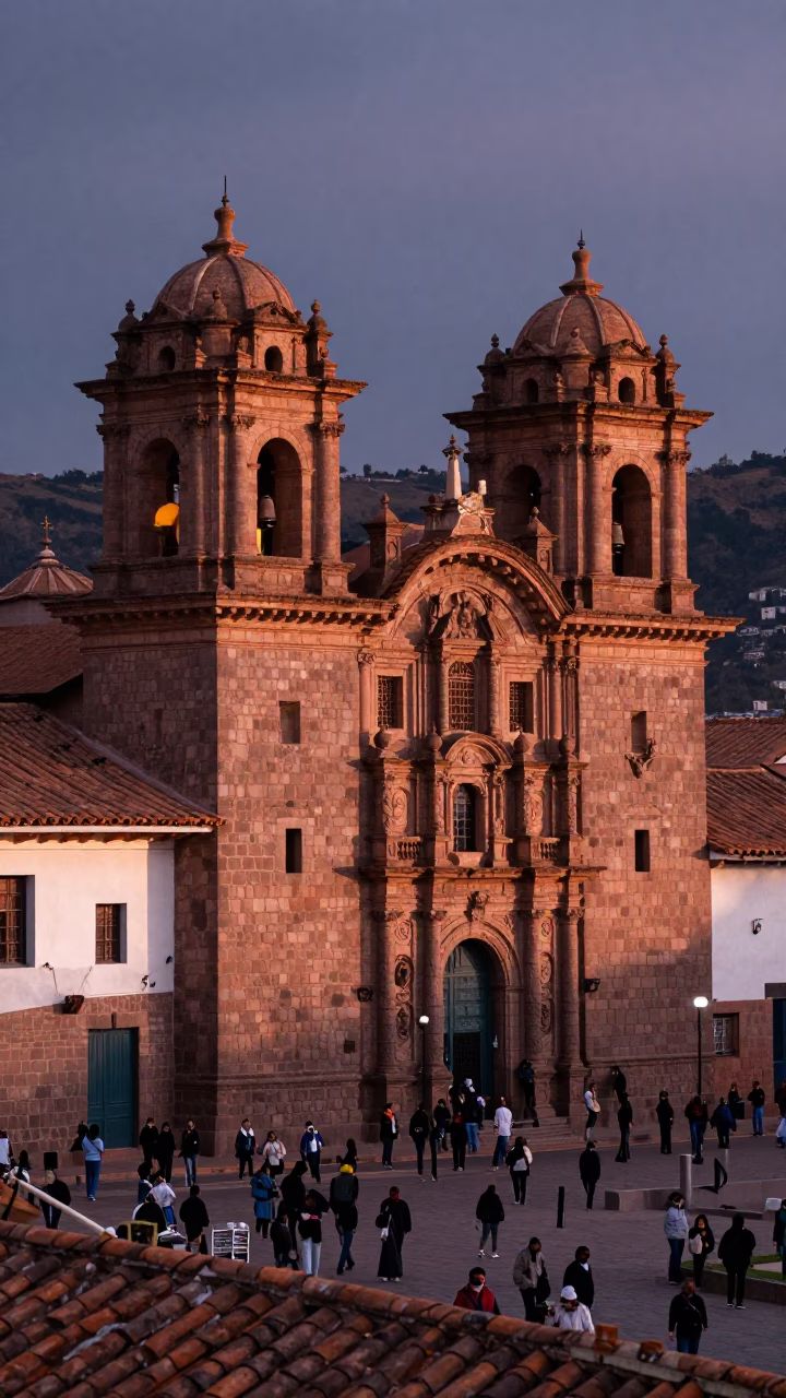 Cusco Market Activity at Copper-toned Light Before Dusk in in Cusco, Peru