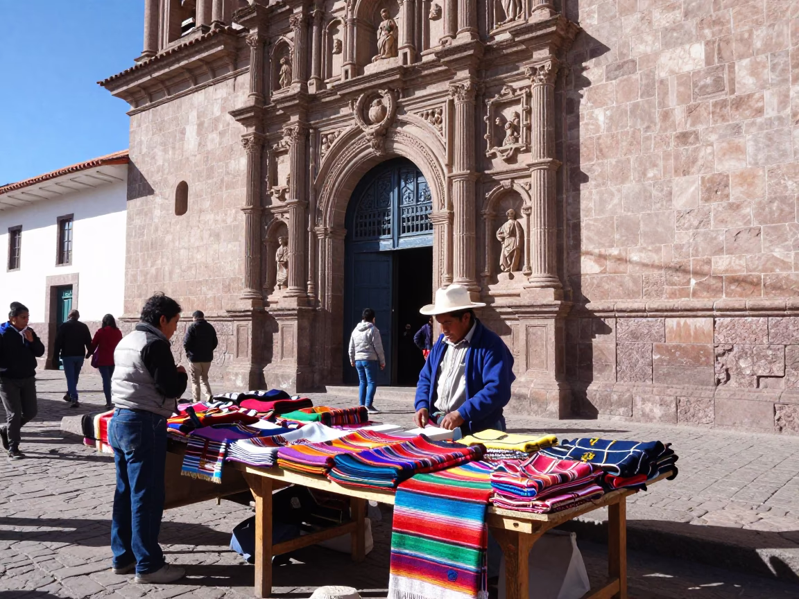 Cusco Market Stall at Bright Midmorning Light in in Cusco, Peru