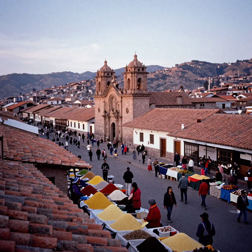 Cusco Morning Market at Nautical Dawn Light in in Cusco, Peru