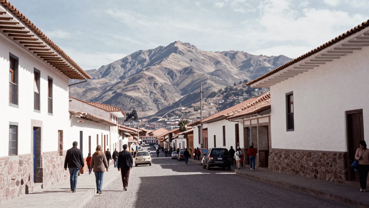Cusco Peru 1960s Bright Late Morning Street Scene With Braided Rug in in Cusco, Peru
