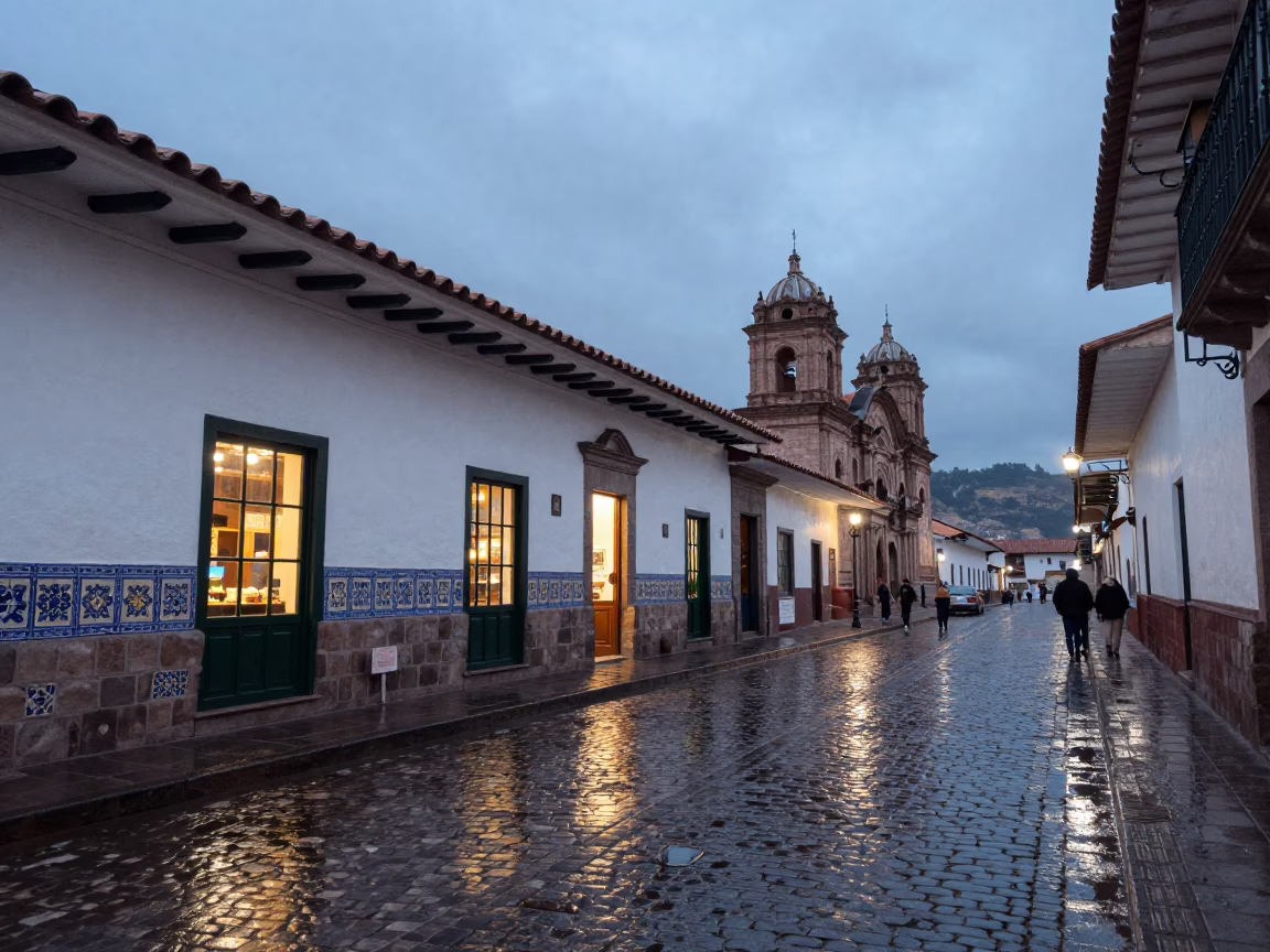 Cusco Peru Blue Hour Street Scene with Ceramic Tiles and Brushed Steel Details in in Cusco, Peru