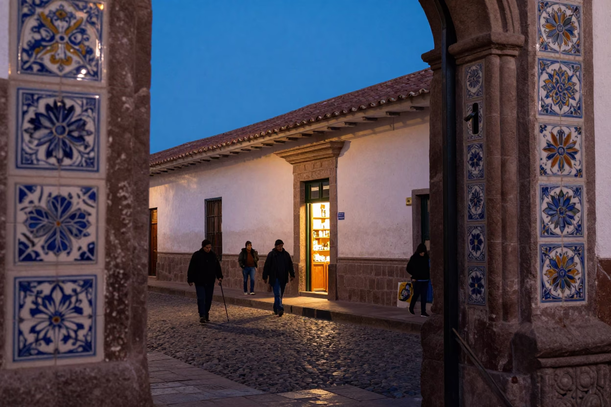 Cusco Peru Blue Hour Street Scene with Ceramic Tiles and Steel Handle in in Cusco, Peru