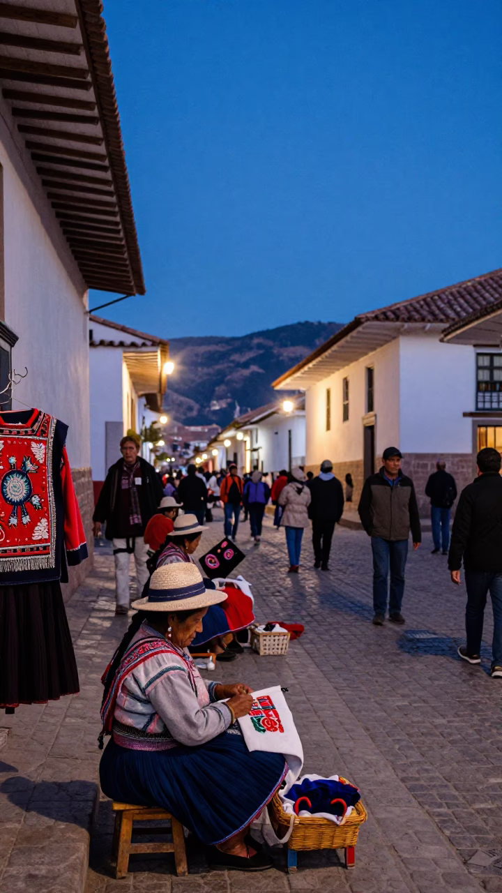 Cusco Peru Blue Hour Street Scene with Embroidery and Traditional Market Activity in in Cusco, Peru