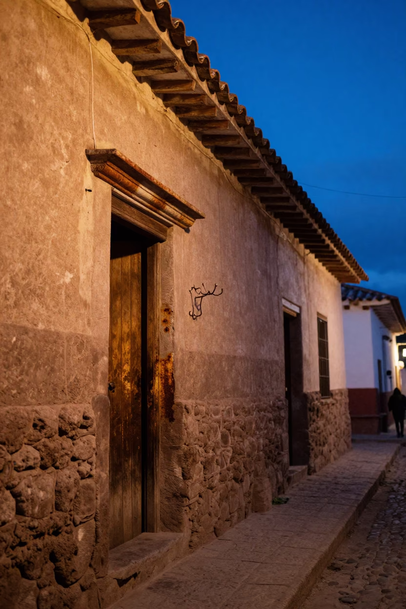 Cusco Peru Blue Hour Street Scene with Rusty Sill and Coat Hook Detail in in Cusco, Peru