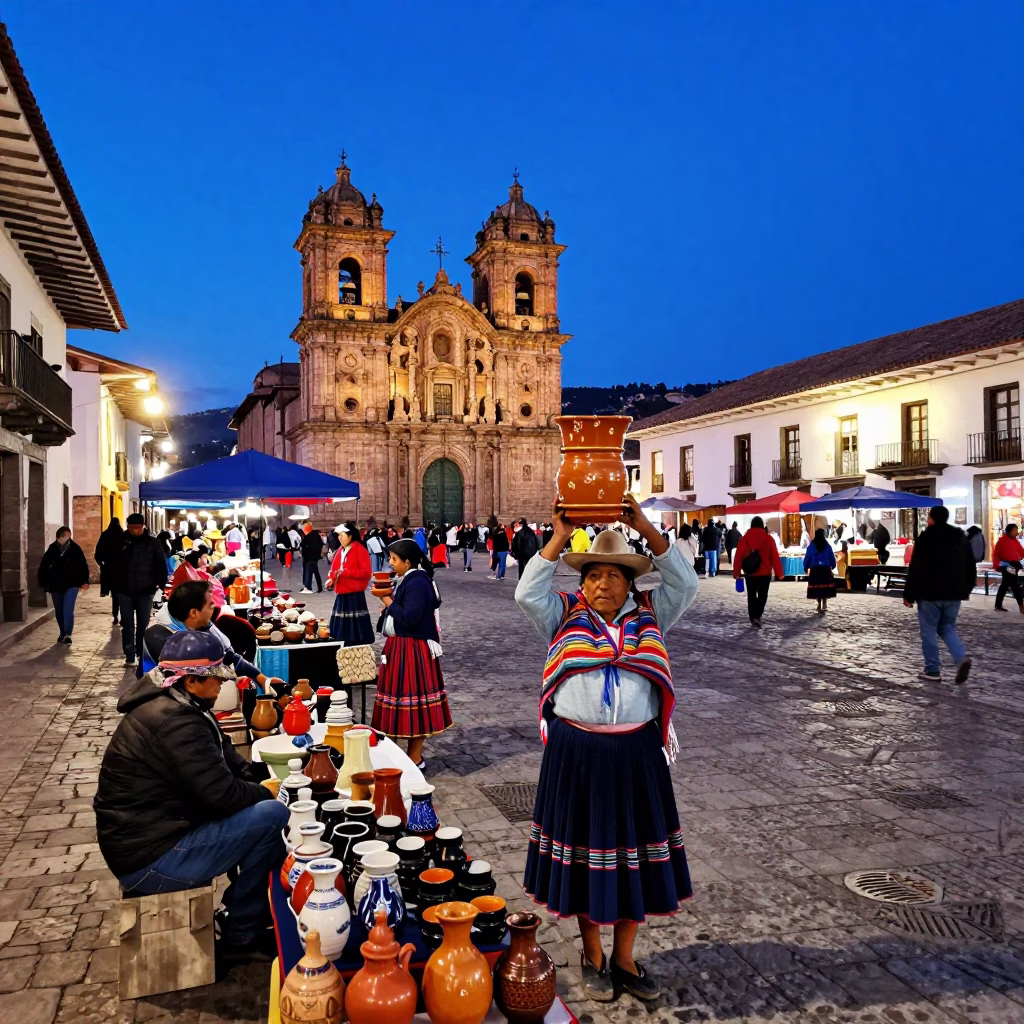 Cusco Peru Blue Hour Street Scene with Traditional Market Activity and Local Details in in Cusco, Peru