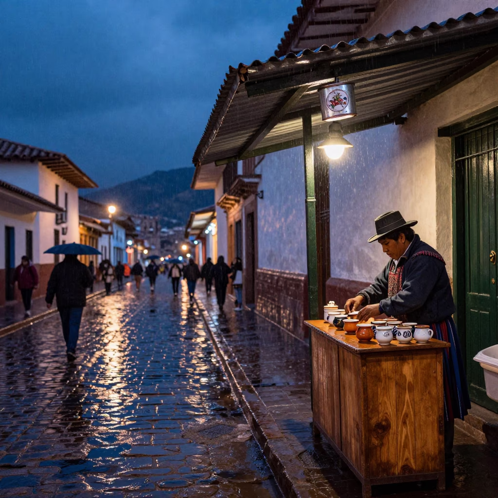 Cusco Peru Blue Hour Street Scene With Vintage Coffee Tin and Rain in in Cusco, Peru