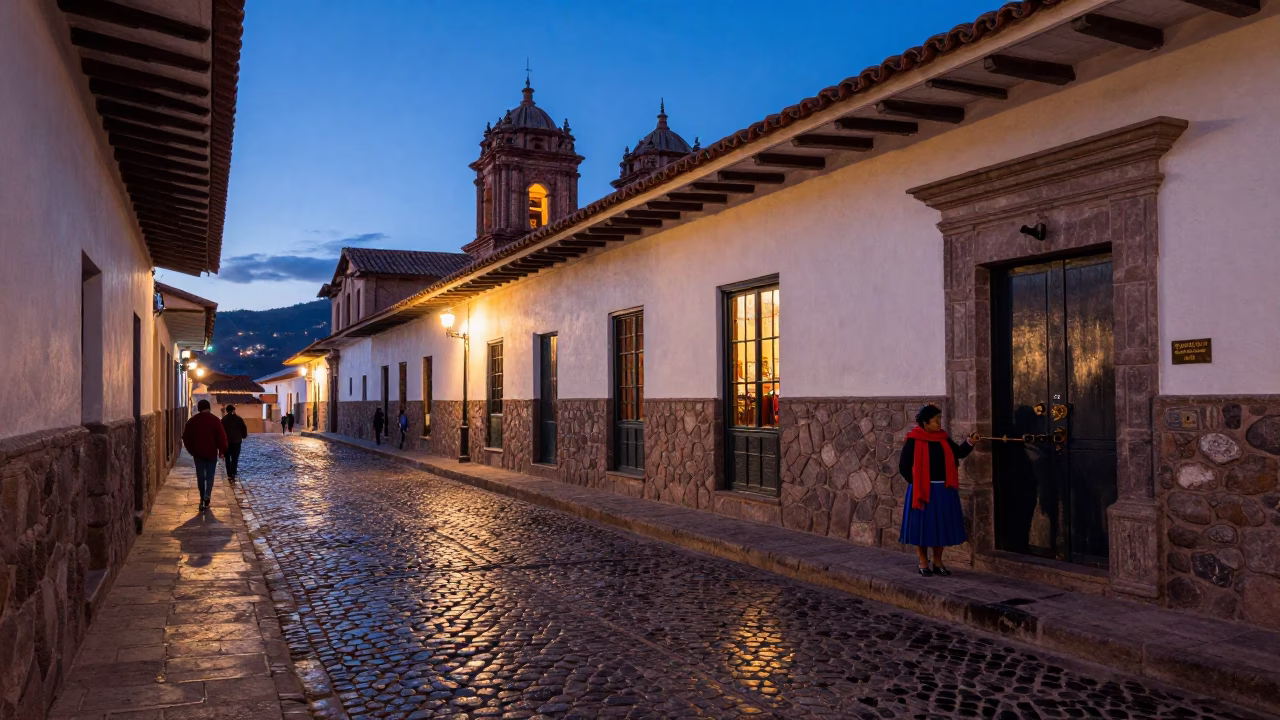 Cusco Peru Blue Hour Street Scene with Wool Scarves and Iron Deadbolt in in Cusco, Peru
