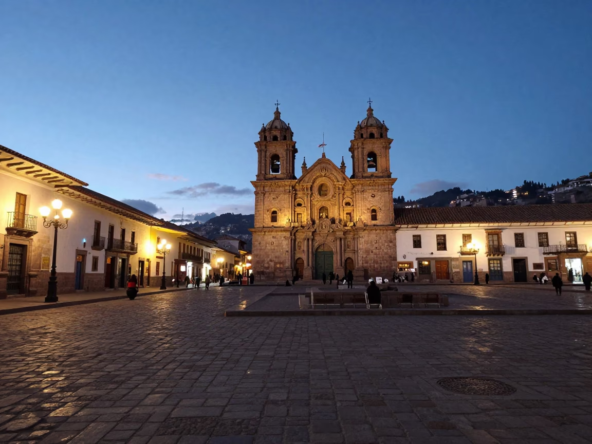 Cusco Peru City Lights Glow Evening Street Scene Traditional Stone Architecture in in Cusco, Peru
