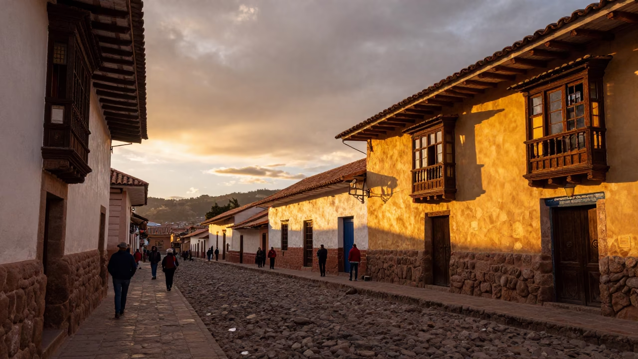 Cusco Peru Colonial Architecture Golden Hour Sunset Street Scene in in Cusco, Peru