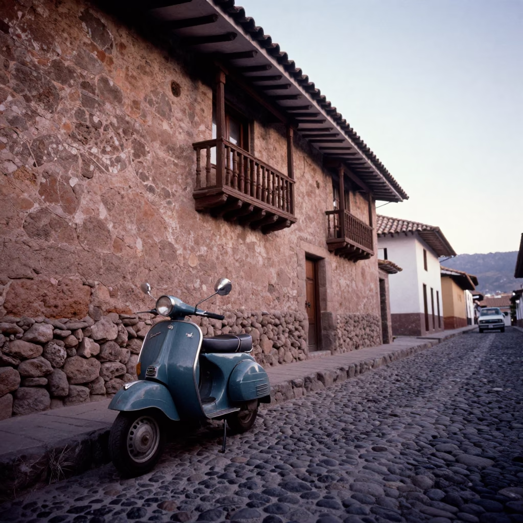 Cusco Peru Dawn Street Scene Vintage Vespa Cobblestone Lane Early Morning Light in in Cusco, Peru