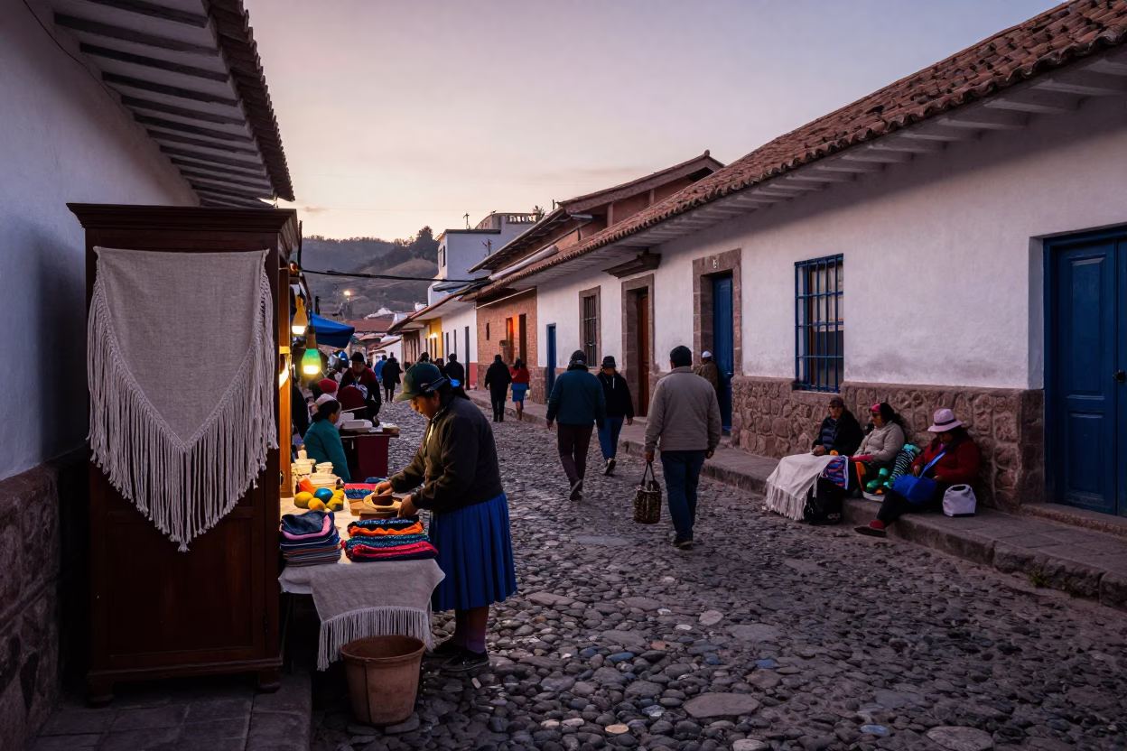 Cusco Peru Dawn Street Scene With Linen Fringe and Local Market Activity in in Cusco, Peru