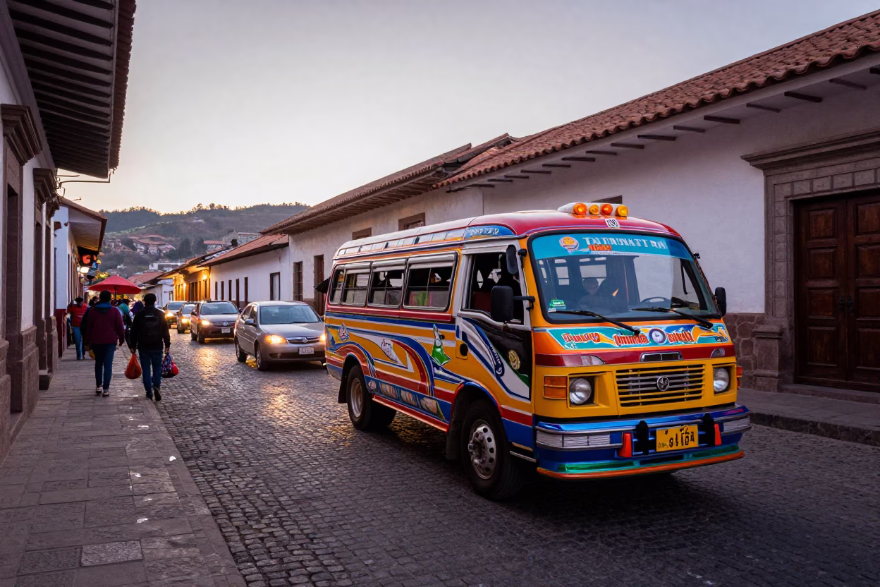 Cusco Peru Dawn Street Scene with Matatu Van and Colorful Geraniums in in Cusco, Peru