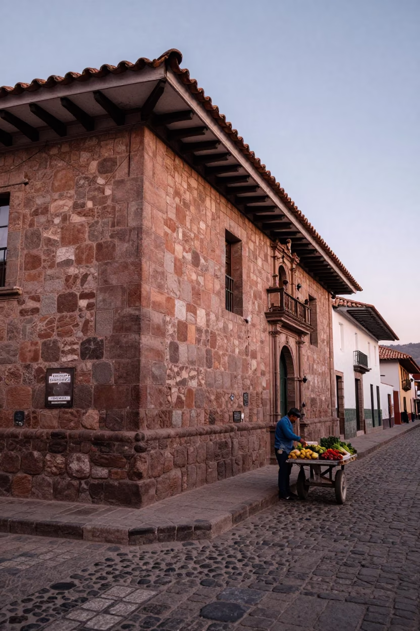Cusco Peru Dawn Street Scene with Stone Architecture and Local Vendor in in Cusco, Peru