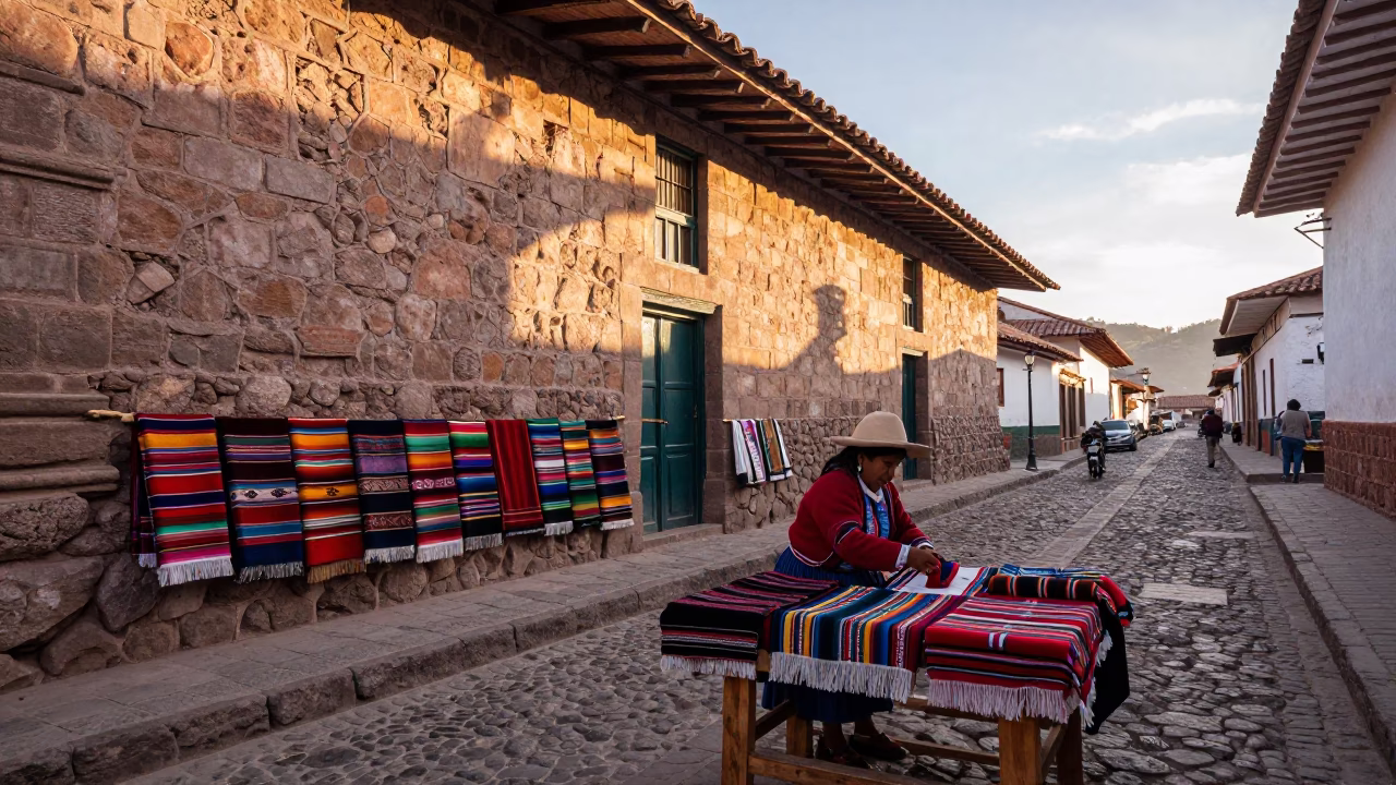 Cusco Peru Dawn Street Scene with Traditional Andean Textiles and Colonial Architecture in in Cusco, Peru