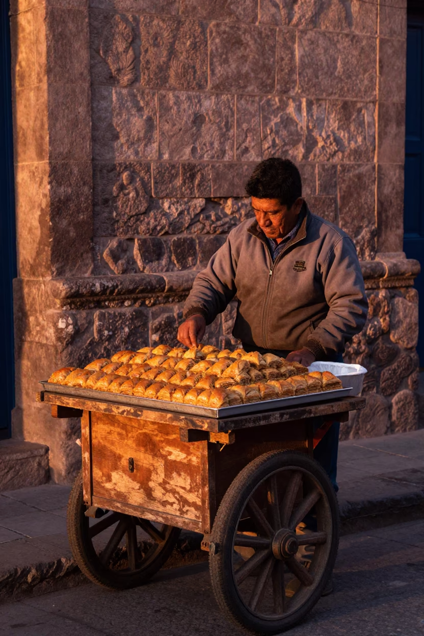 Cusco Peru Dusk Street Vendor Selling Traditional Baklava Near Stone Walls in in Cusco, Peru