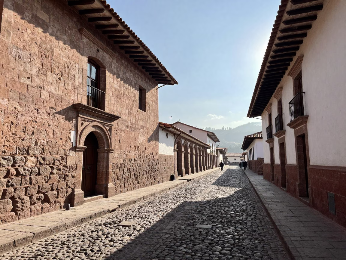 Cusco Peru Early Afternoon Street Scene with Stone Architecture and Local Life in in Cusco, Peru