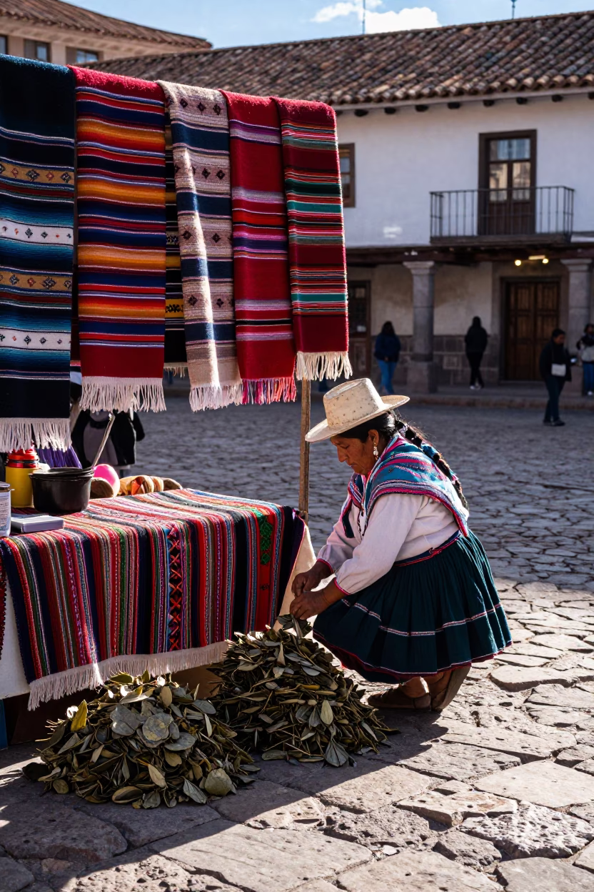 Cusco Peru Early Afternoon Street Scene with Traditional Textiles and Colonial Architecture in in Cusco, Peru