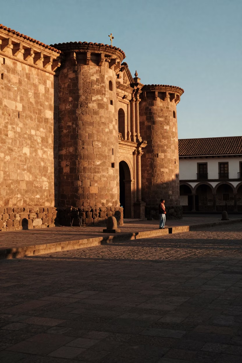 Cusco Peru Early Evening Plaza de Armas Colonial Stone Walls and Local Street Scene in in Cusco, Peru