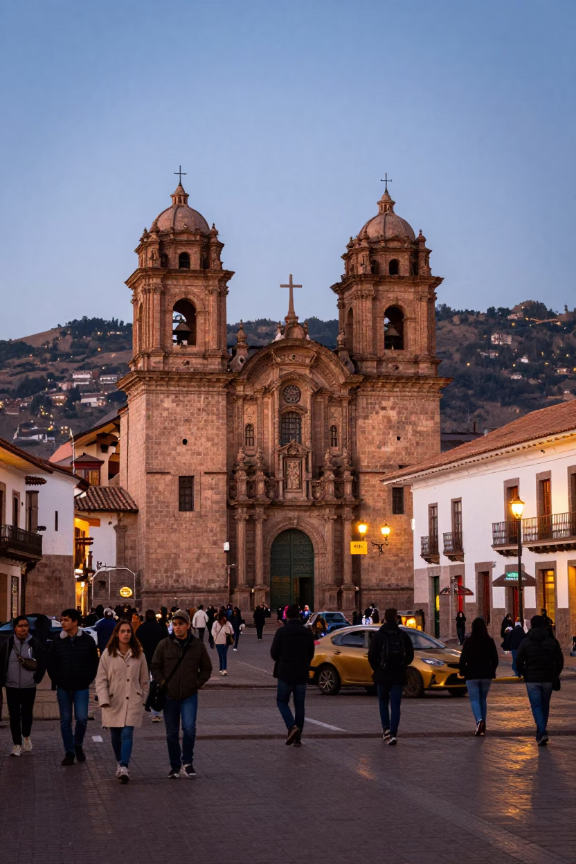 Cusco Peru Early Evening Plaza de Armas Street Scene with Local Vendors in in Cusco, Peru