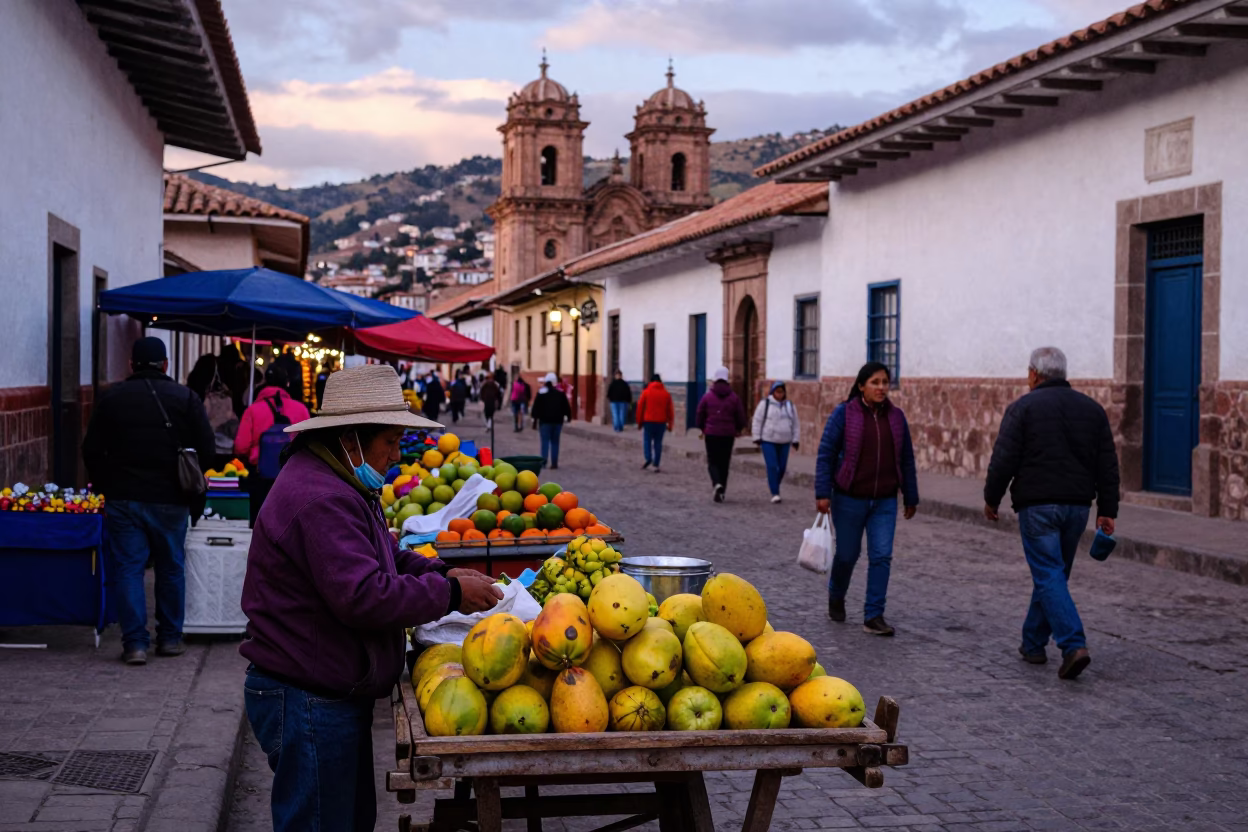 Cusco Peru Early Evening Street Scene with Colorful Local Market Activity and Traditional Architecture in in Cusco, Peru
