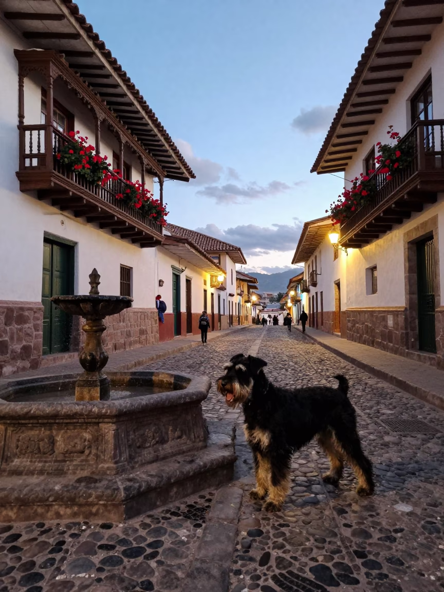 Cusco Peru Early Evening Street Scene with Giant Schnauzer and Local Market Atmosphere in in Cusco, Peru