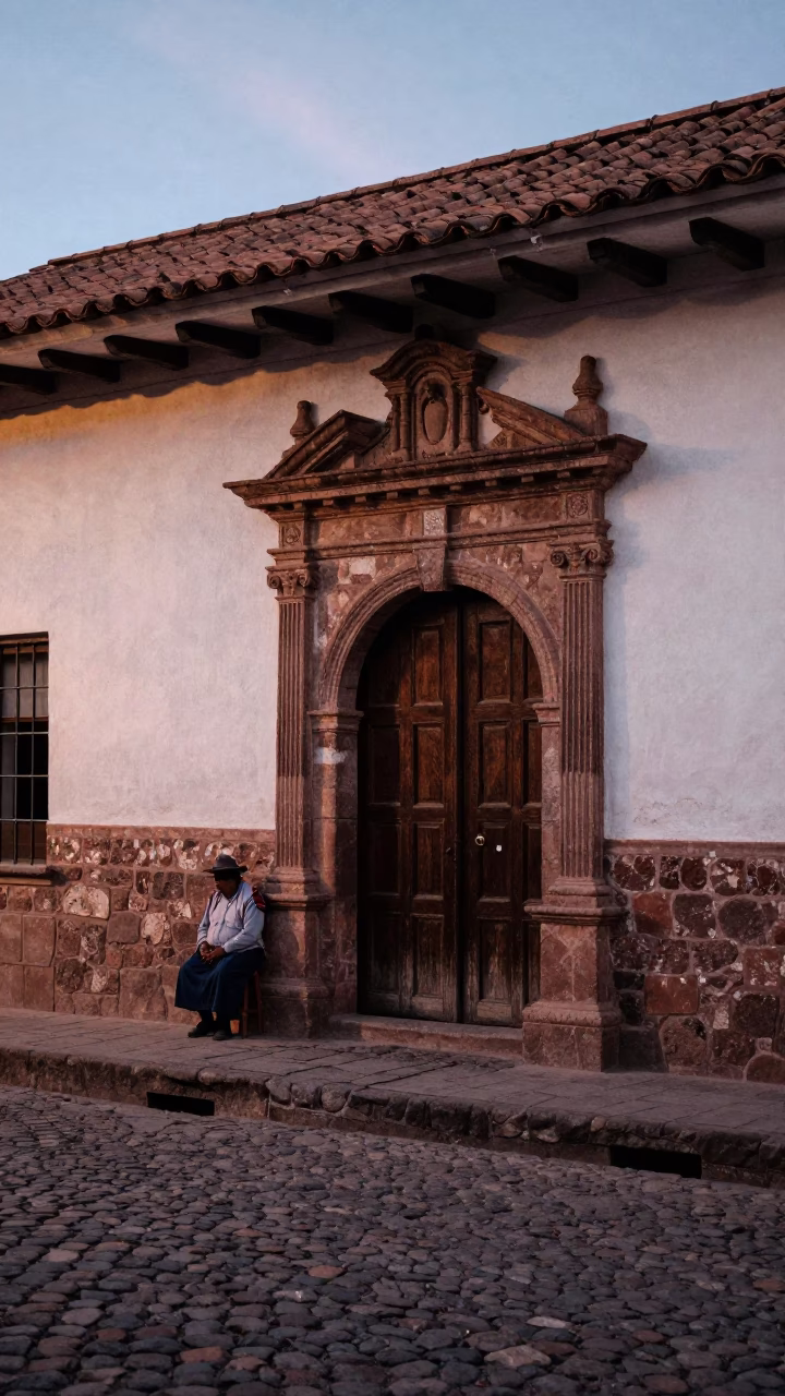 Cusco Peru Early Evening Street Scene with Local Artisan and Traditional Textiles in in Cusco, Peru