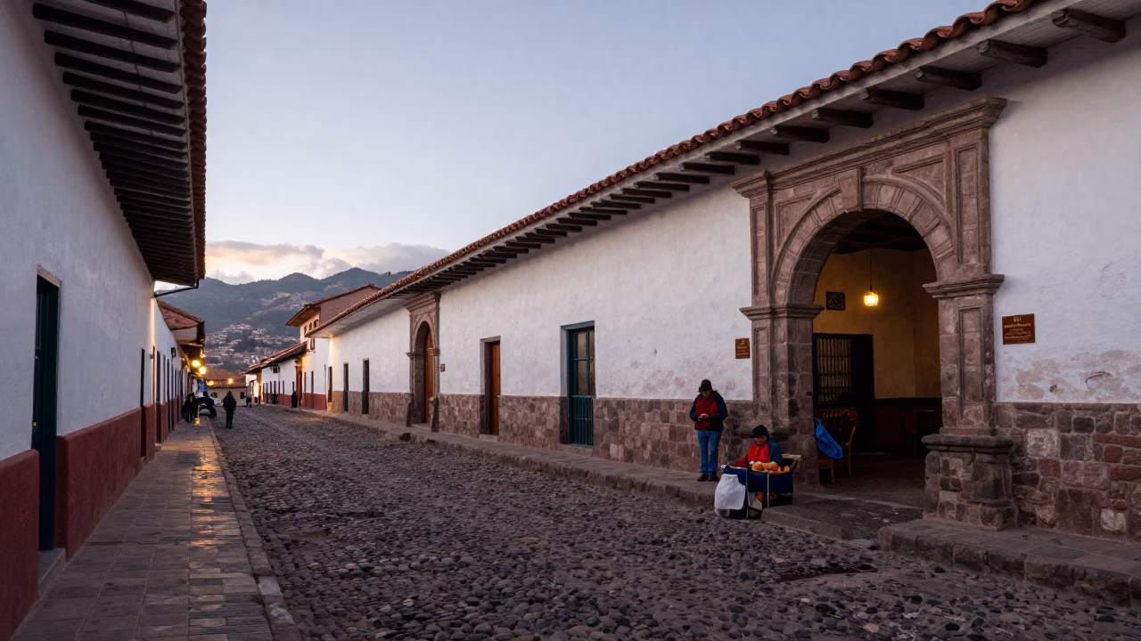 Cusco Peru Early Evening Street Scene with Local Vendor and Medal Ribbon in in Cusco, Peru